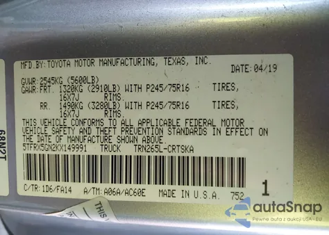 2019 Toyota Tacoma Sr z USA, uszkodzony, nr VIN 5TFRX5GN2KX149991